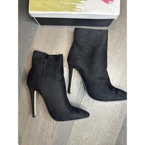 FSJ Boots Womens Size 12 Black Suede Pointed Toe Stiletto High Heel Booties NIB